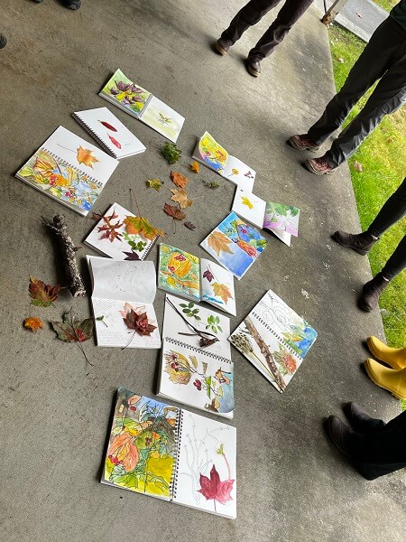 nature journals on the ground with people's feet around them