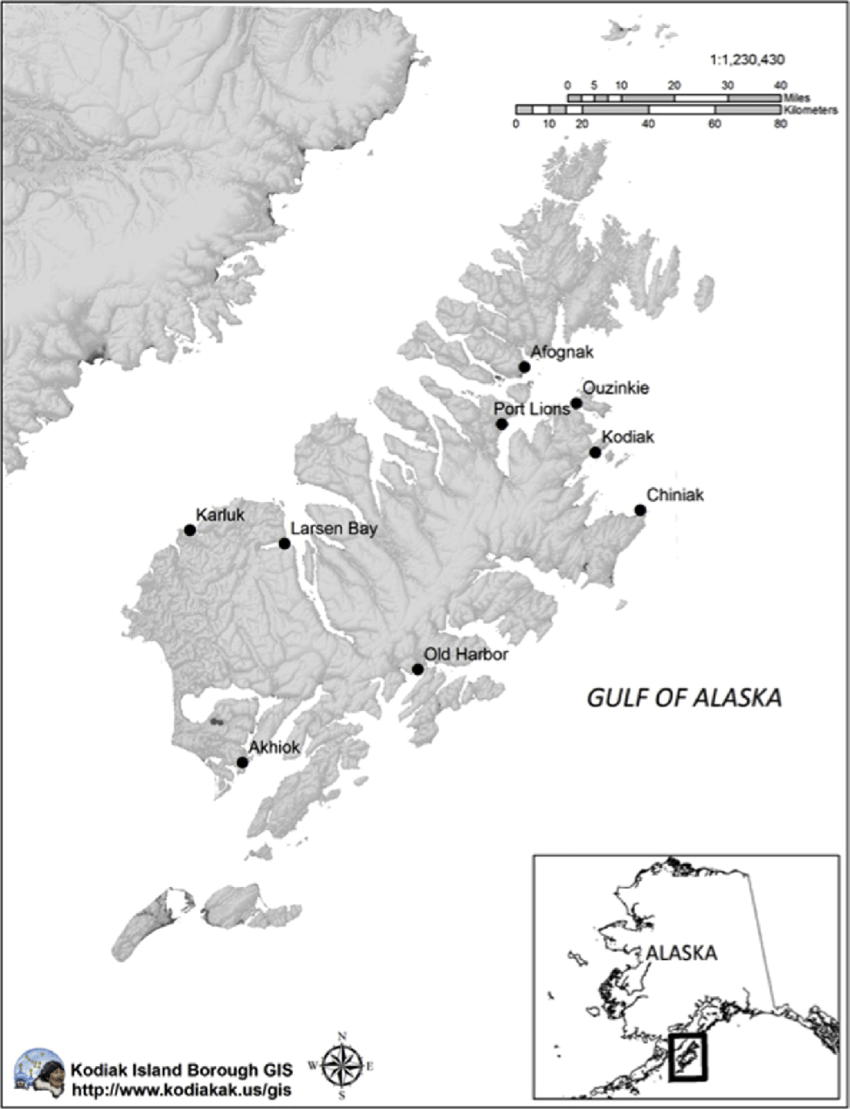 black and white map of the Kodiak Archipelago