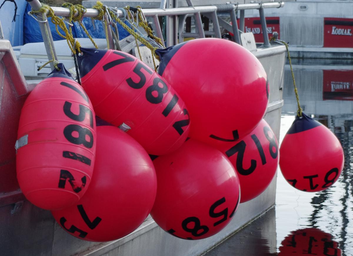 buoys on the rail of a fishing boat