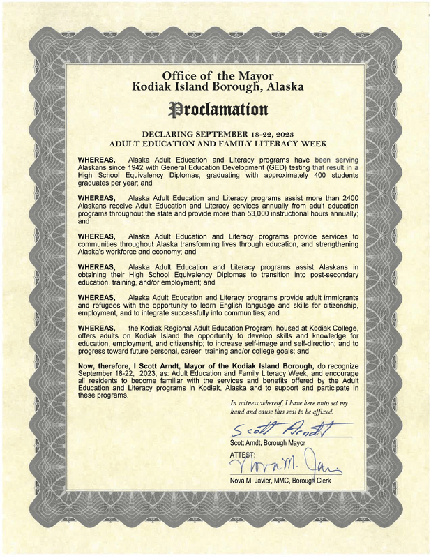 Certificate of a Proclamation from the Kodiak Bourough's mayor's office