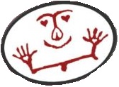 A drawing of an alutiiq petroglyph face and hands with hearts for eyes