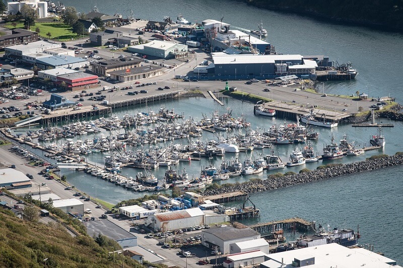 aerial view of downtown Kodiak and harbor