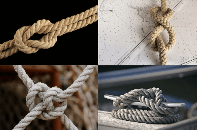 four different knots tied with rope