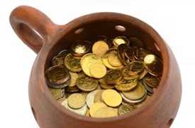 clay pot with gold coins