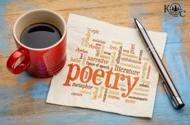 coffee cup, a pen, and a napkine with at poetry word cloud on it