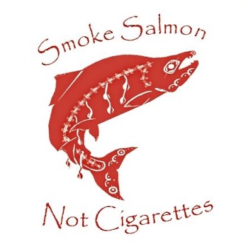 an illustrated salmon with the slogan "Smoke Salmon Not Cigarettes"