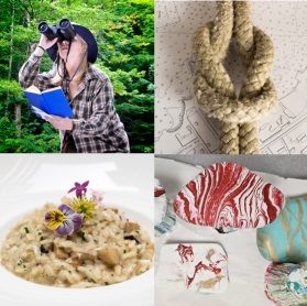 a 4 image collage with a woman with binoculars, some risotto, a painted rock, and a knotted rope