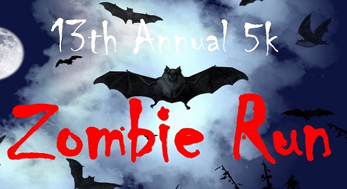 Flyer with bats and a full moon. Text reads: 13th Annual 5k Zombie Run