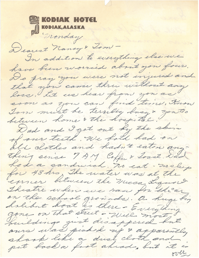 1st page of a handwritten letter from Georgia Norman to her family penned on Kodiak Hotel letterhead. Text of letter below image