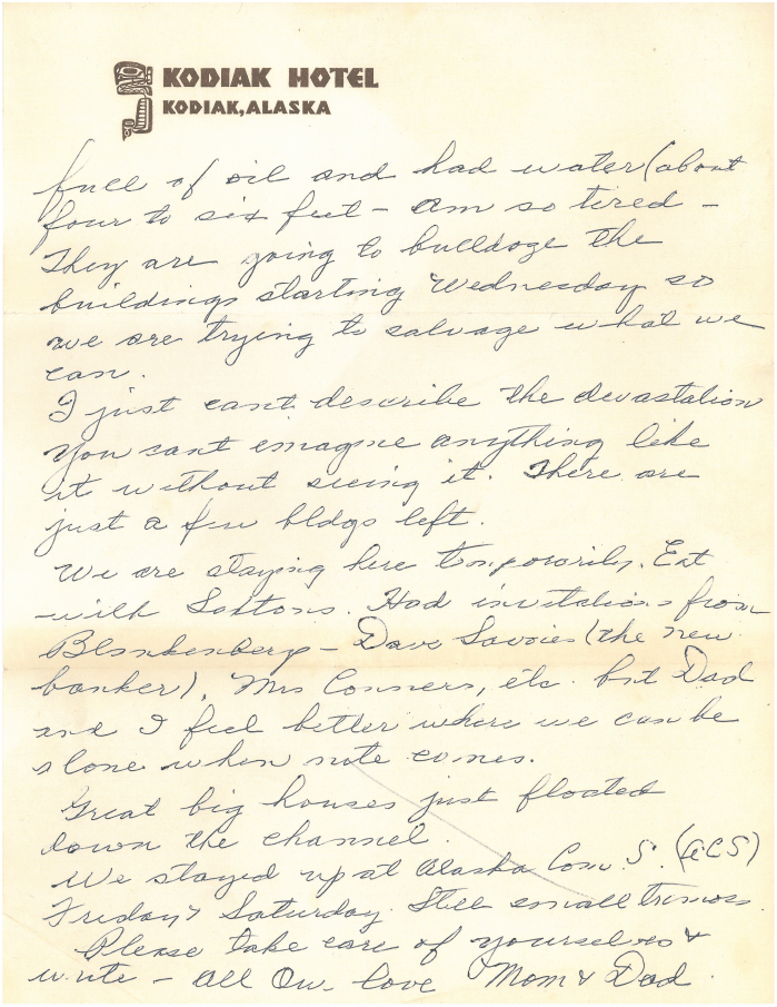 3rd page of a handwritten letter from Georgia Norman to her family penned on Kodiak Hotel letterhead. Text of letter below image 