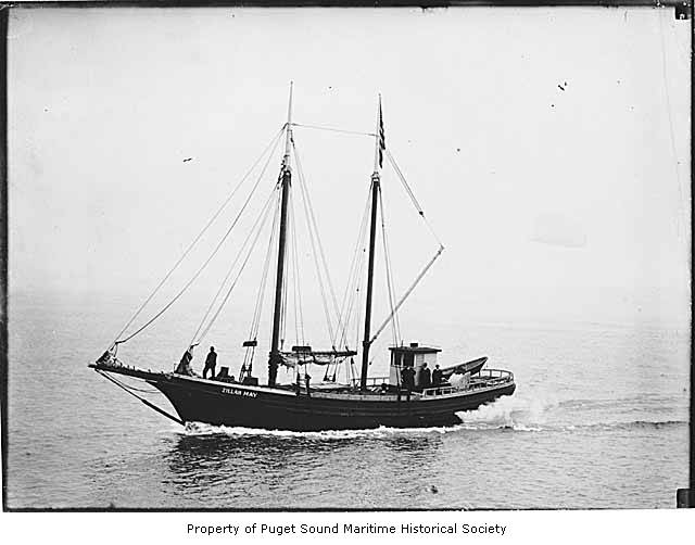 black and white photograph of a two-masted halibut schooner