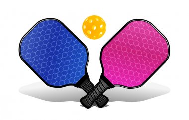 illustration of two pickleball rackets and a pickleball